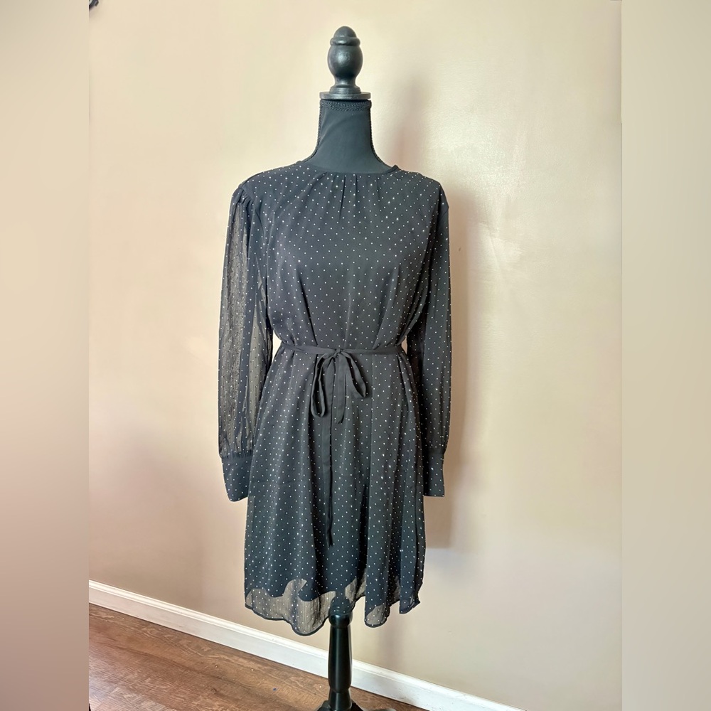 ANN TAYLOR dress black silver dots chiffon long sheer sleeves sz 6 NWT office